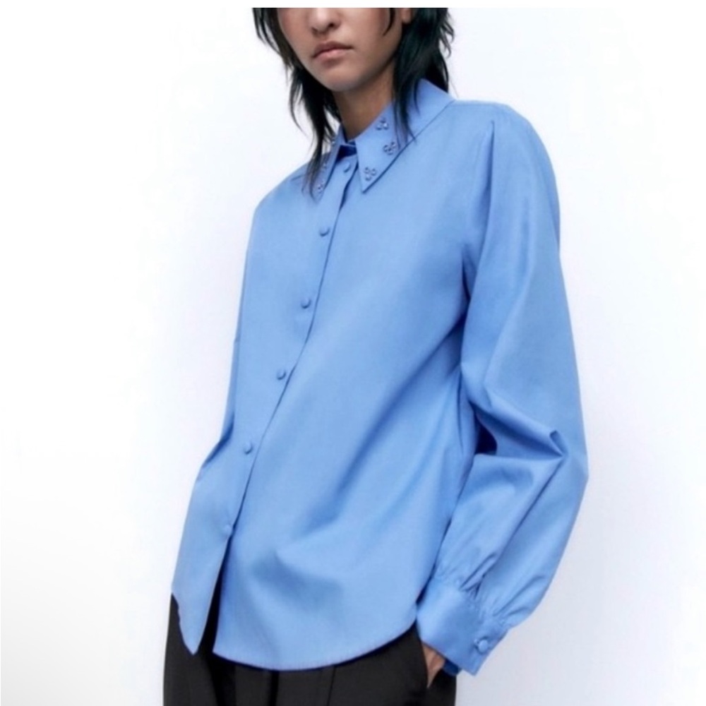 Zara Jewel Poplin Blue Embellished Dress Shirt
